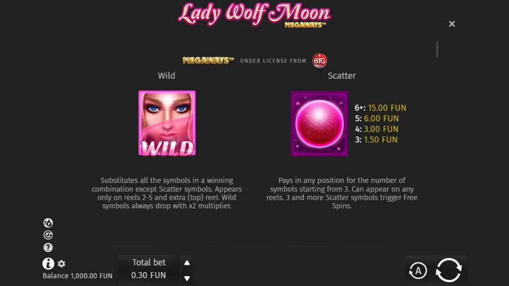 Lucky Lady Moon Megaways x2 wild and scatter rules