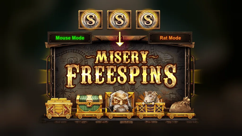 Misery Mining Misery Freespins artwork with Mouse Mode and Rat Mode, official Nolimit City art