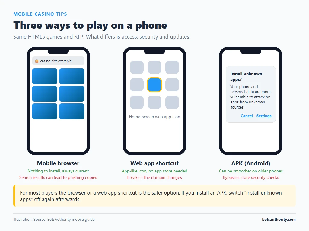 Three phone screens comparing a casino in a mobile browser, a home-screen web app icon and an Android install unknown apps warning for APK files