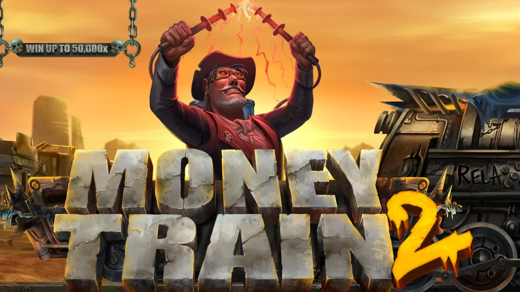 Close-up of Money Train 2 official key art by Relax Gaming with the Collector holding a lightning rod