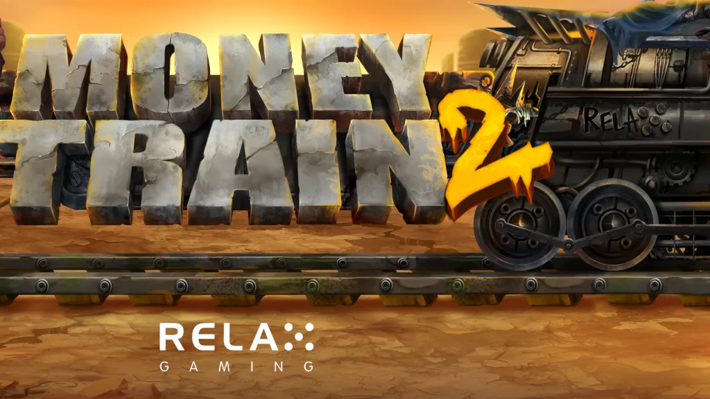 Money Train 2 official promo artwork by Relax Gaming with the game logo in front of an armoured train
