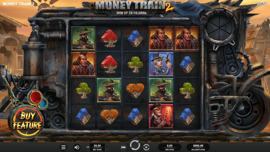Money Train 2 official screenshot by Relax Gaming showing the 5x4 base game reels and Buy Feature button