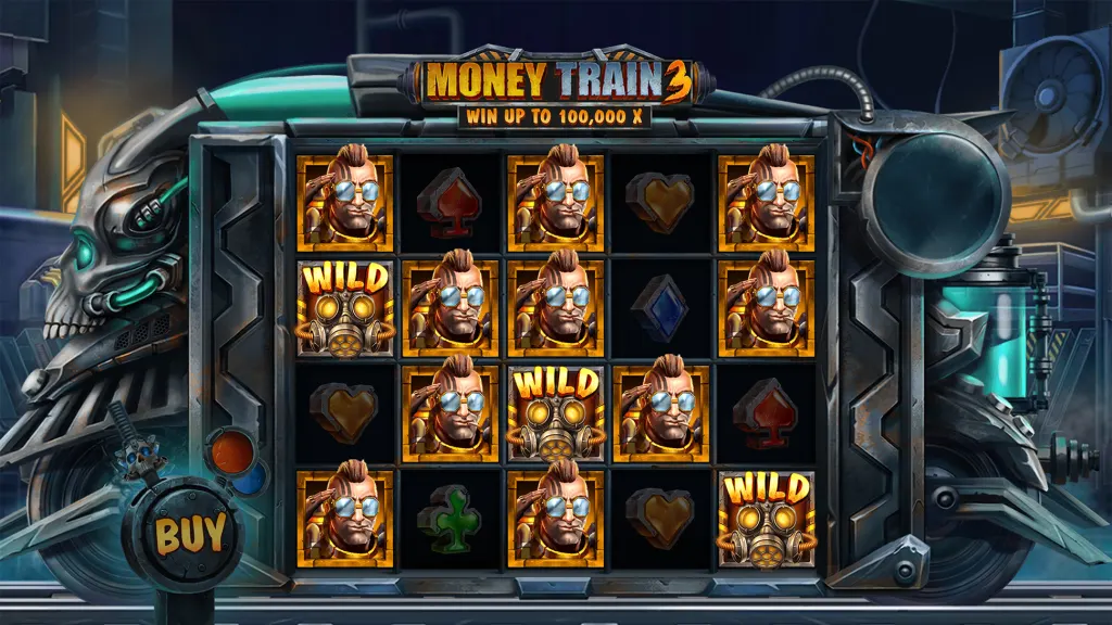 Money Train 3 official screenshot by Relax Gaming showing the base game reels with wild and character symbols