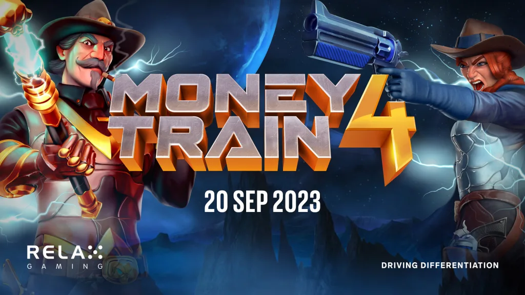 Money Train 4 official launch artwork by Relax Gaming with the logo, characters and 20 Sep 2023 release date