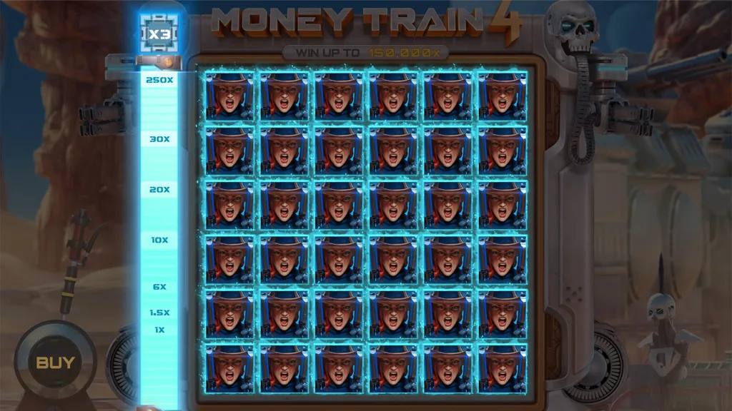 Money Train 4 official screenshot by Relax Gaming showing a 6x6 grid filled with bonus symbols and the multiplier meter