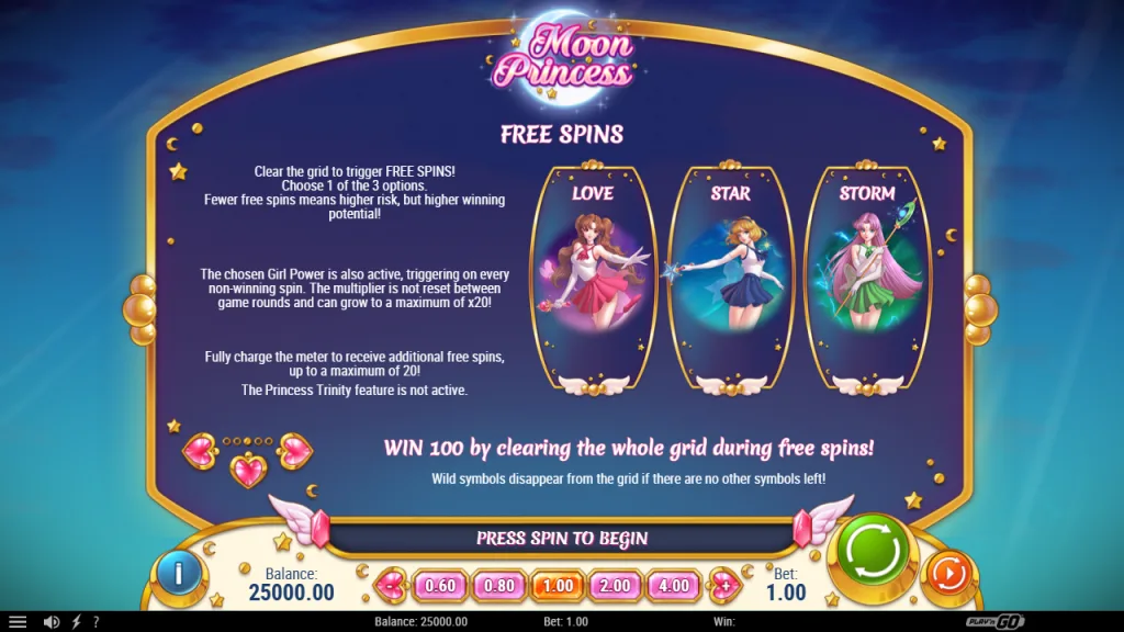 Moon Princess free spins choice of Love, Star or Storm