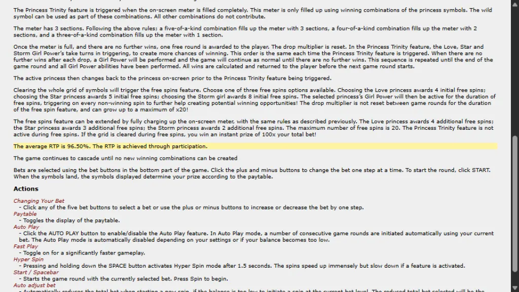 Moon Princess game rules showing the 96.50% average RTP