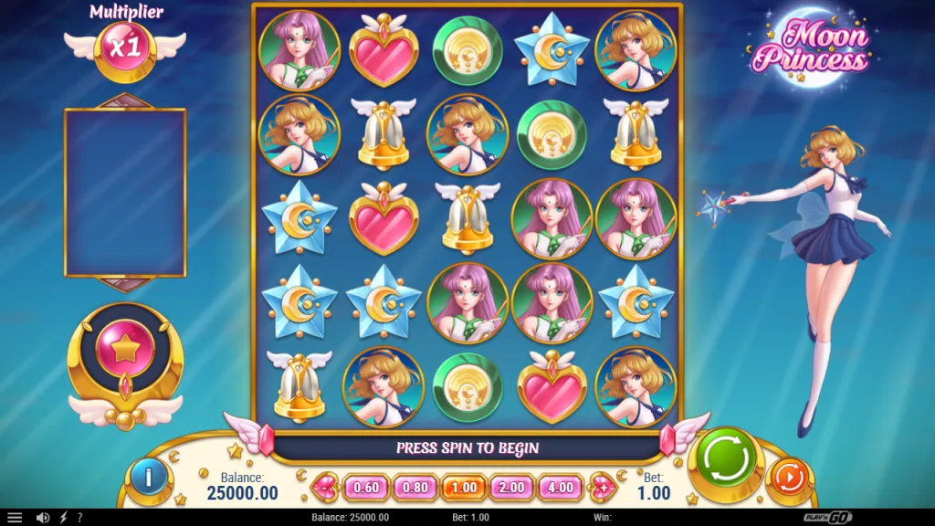 Moon Princess 5x5 grid base game with multiplier and Princess Trinity meter