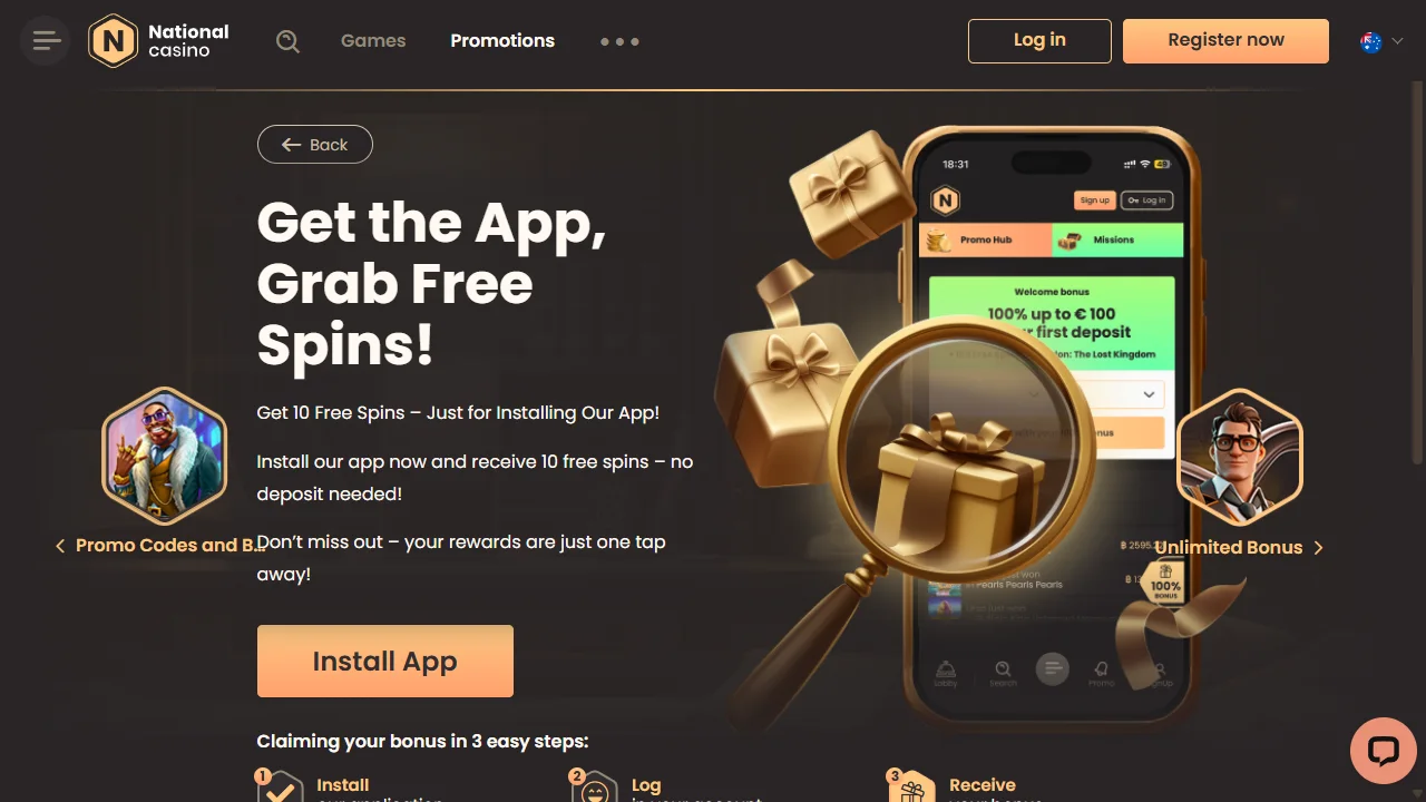 National Casino promotions page offering 10 free spins with no deposit for installing the casino app, screenshot 29 October 2026