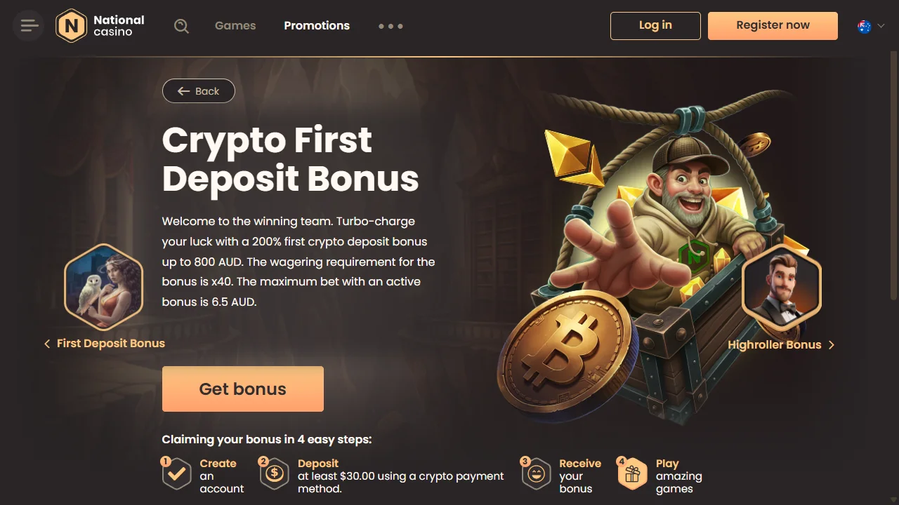 National Casino Crypto First Deposit Bonus page: 200% up to 800 AUD, x40 wagering, 6.5 AUD maximum bet and a A$30 minimum crypto deposit, screenshot 29 October 2026