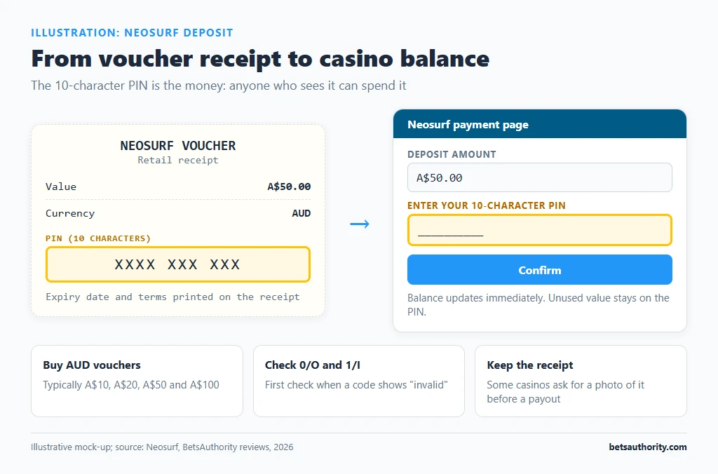Mock-up of a Neosurf voucher receipt with the 10-character PIN highlighted next to the Neosurf payment page PIN entry field