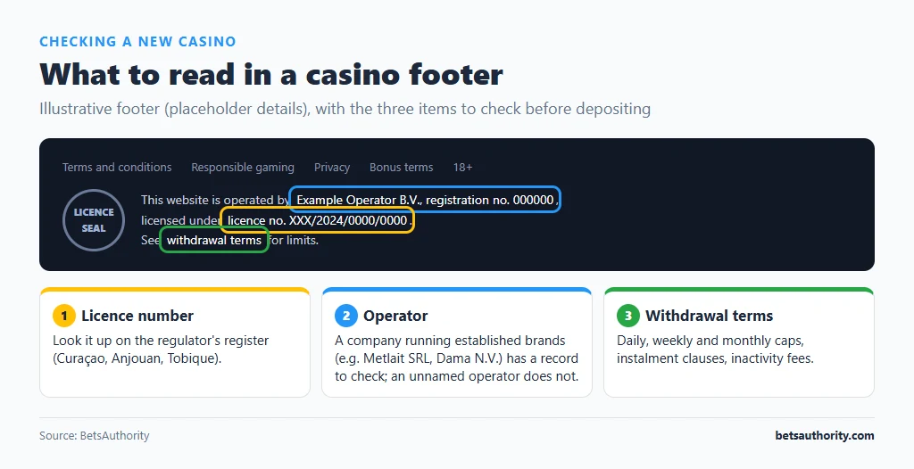Illustrative casino footer with the licence number, operator name and withdrawal terms highlighted as the three items to check before depositing