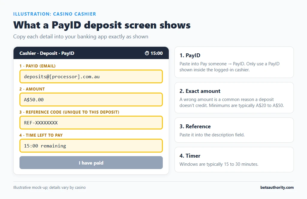 Mock-up of a casino cashier PayID screen showing the PayID email, deposit amount, unique reference code and payment timer