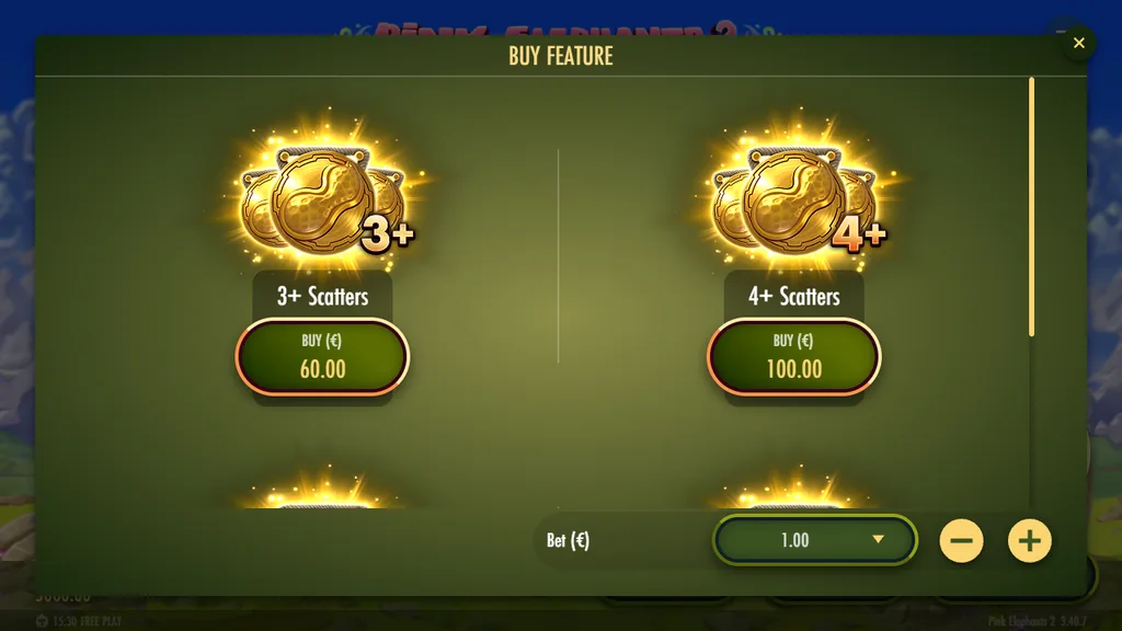 Pink Elephants 2 Buy Feature options for 3+ and 4+ scatters