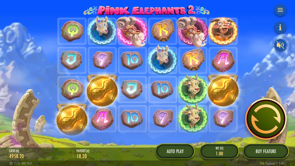 Pink Elephants 2 base game reels with goat and pink elephant symbols