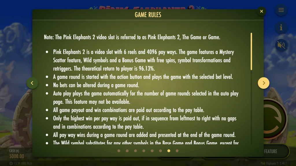 Pink Elephants 2 game rules showing 96.13% return to player