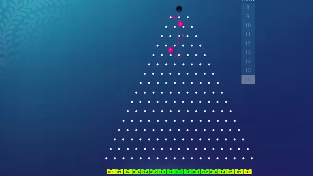 BGaming Plinko free demo on 16 lines at low risk with multipliers from x0.5 in the centre to x16 at the edges and two balls dropping through the pegs