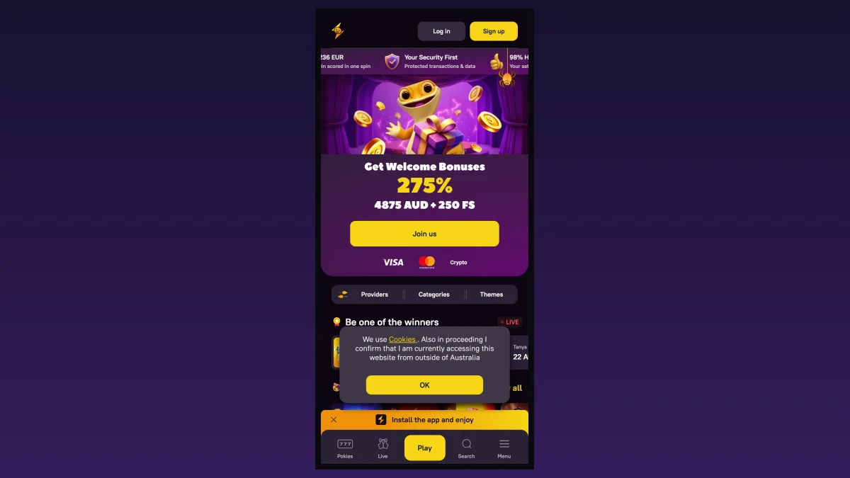 Zoome Casino mobile site in a phone browser in October 2026 with an Install the app and enjoy banner, bottom navigation and a cookie notice asking visitors to confirm they are outside Australia