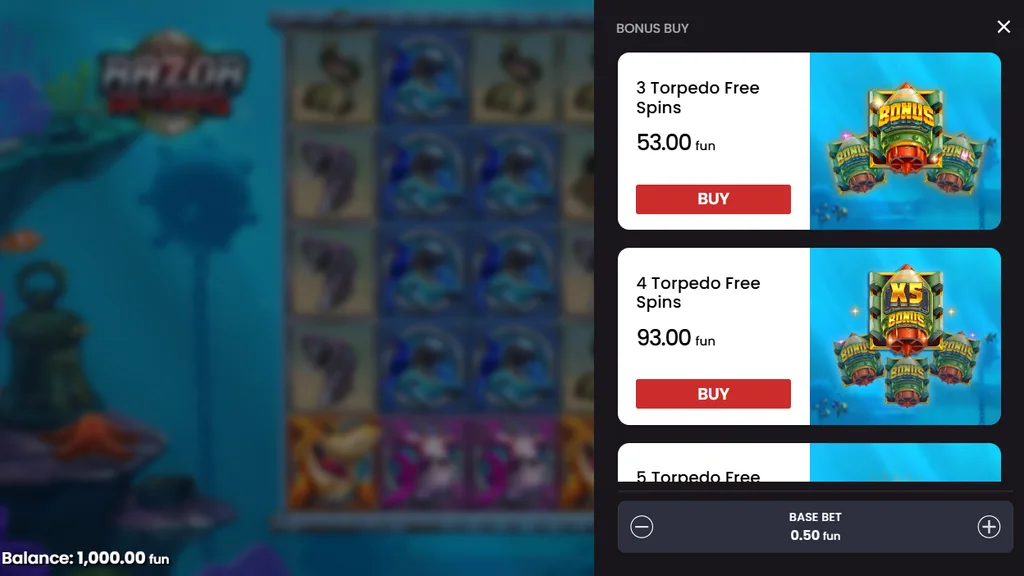 Razor Returns bonus buy with 3 and 4 Torpedo free spins