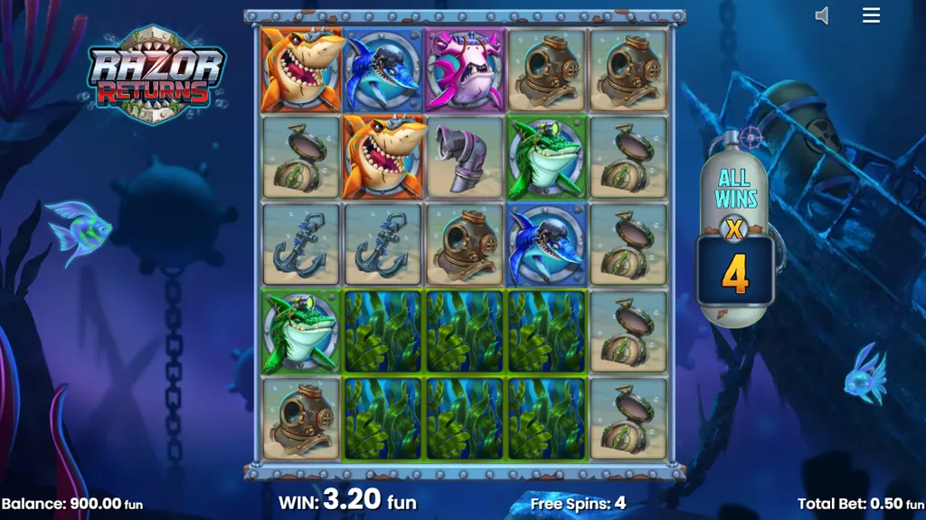 Razor Returns free spins with x4 total multiplier and nudging Mystery Symbols
