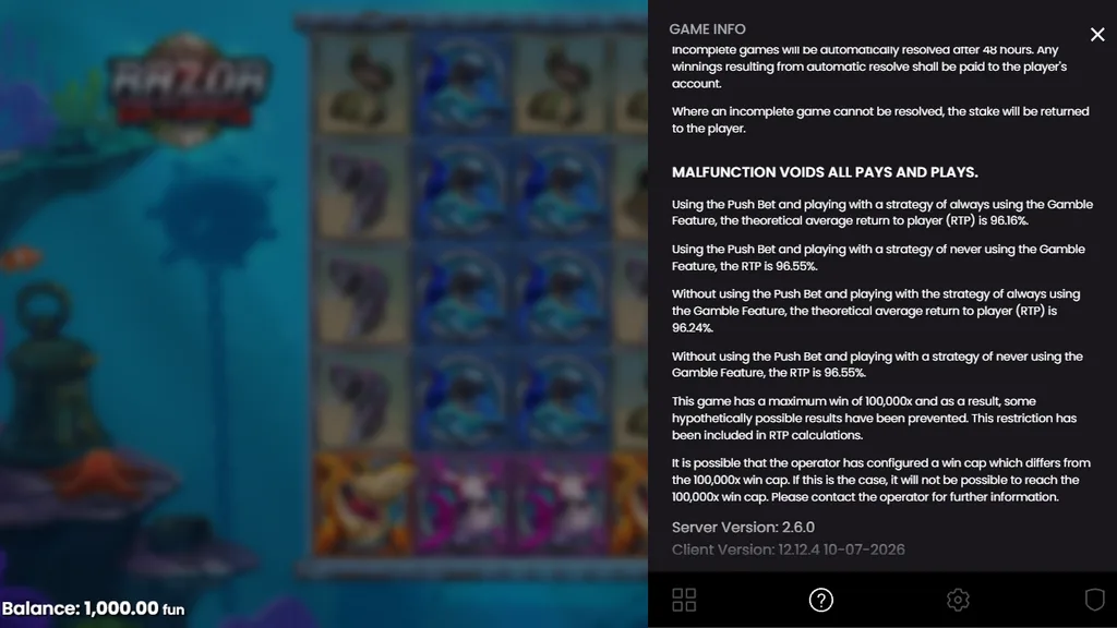 Razor Returns game rules showing 96.55% RTP and 100,000x win cap