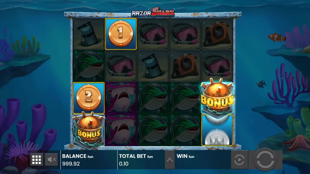 Razor Shark Razor Reveal with bet multiplier coins and bonus scatters