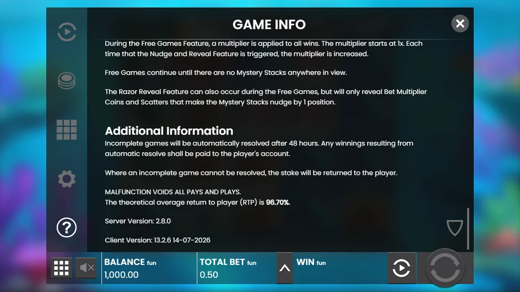 Razor Shark game rules showing 96.70% RTP