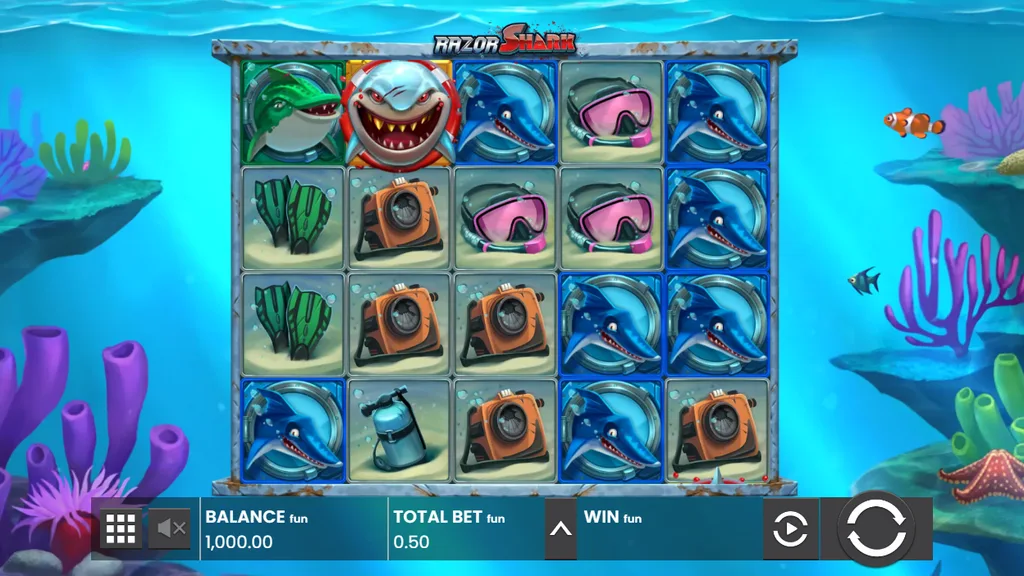 Razor Shark base game 5x4 reels with shark symbols