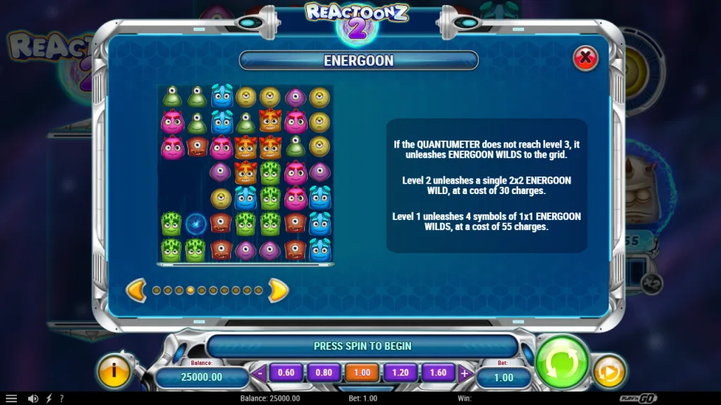 Reactoonz 2 Energoon wild rules for Quantumeter levels 1 and 2