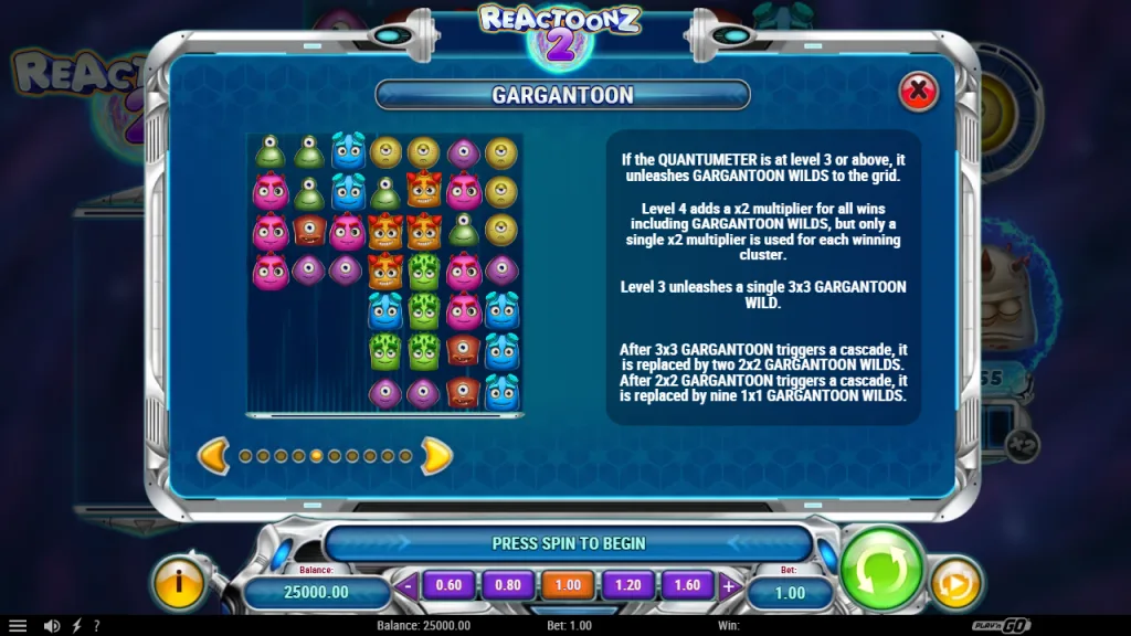 Reactoonz 2 Gargantoon wild rules with x2 multiplier at level 4