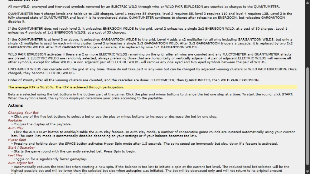 Reactoonz 2 game rules showing the 96.20% average RTP