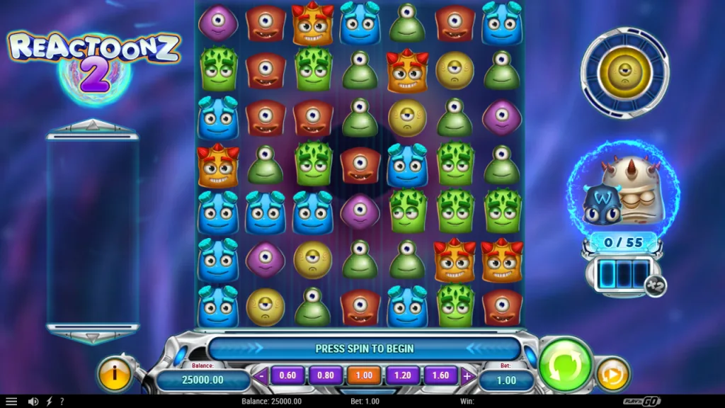 Reactoonz 2 7x7 grid base game with Fluctometer and Quantumeter