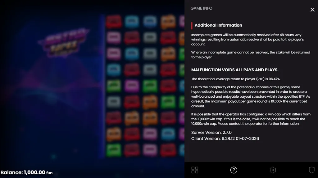 Retro Tapes game rules showing 96.47% RTP and 10,000x max win