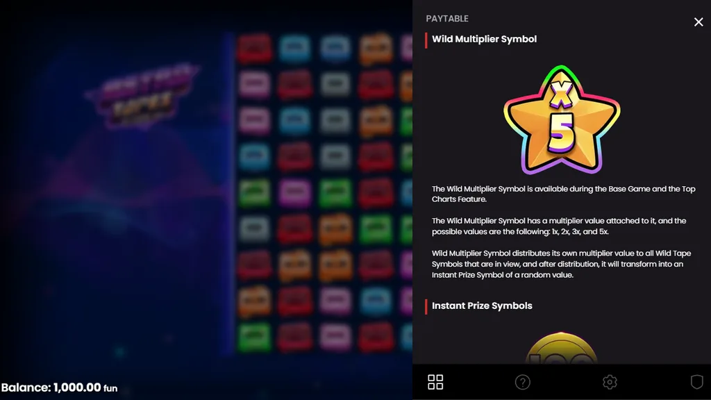Retro Tapes Wild Multiplier and Instant Prize symbols in the paytable
