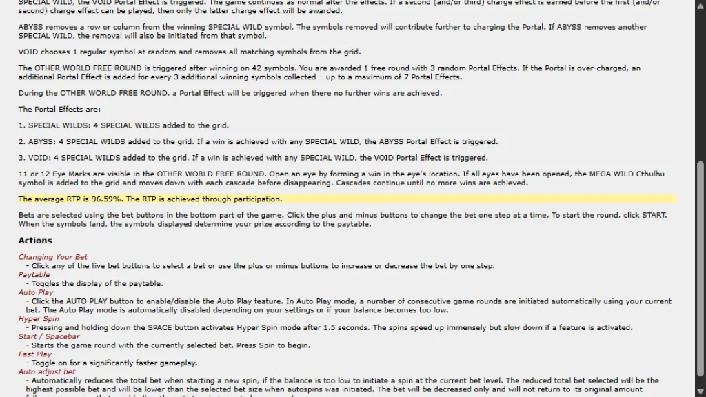 Tome of Madness game rules showing the 96.59% average RTP