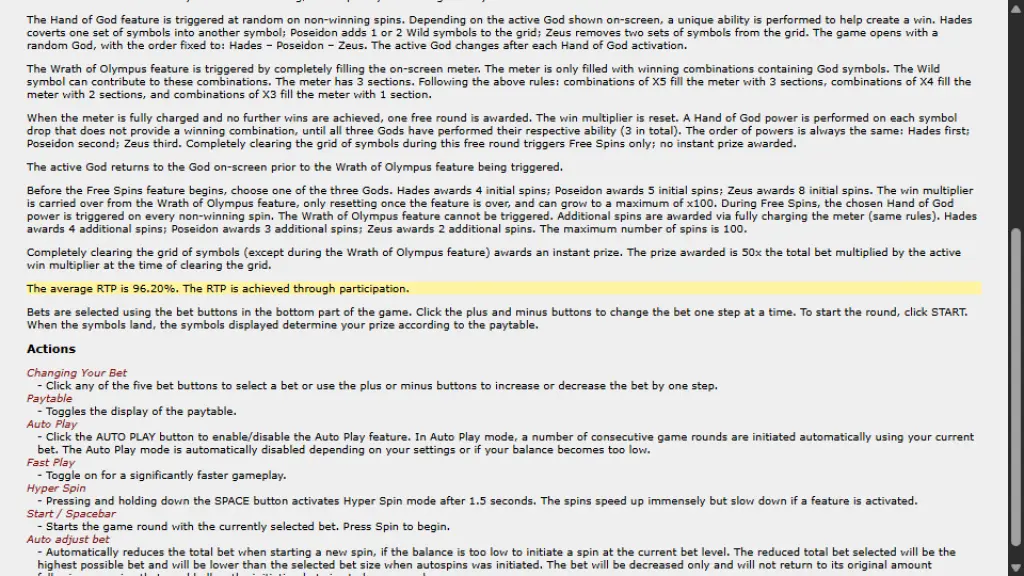 Rise of Olympus 100 game rules showing the 96.20% average RTP