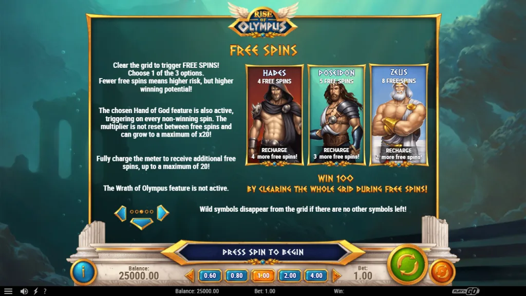 Rise of Olympus free spins options for Hades, Poseidon and Zeus
