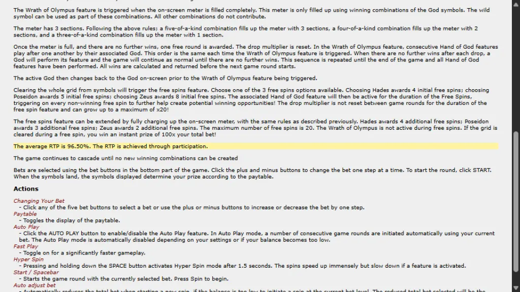 Rise of Olympus game rules showing the 96.50% average RTP