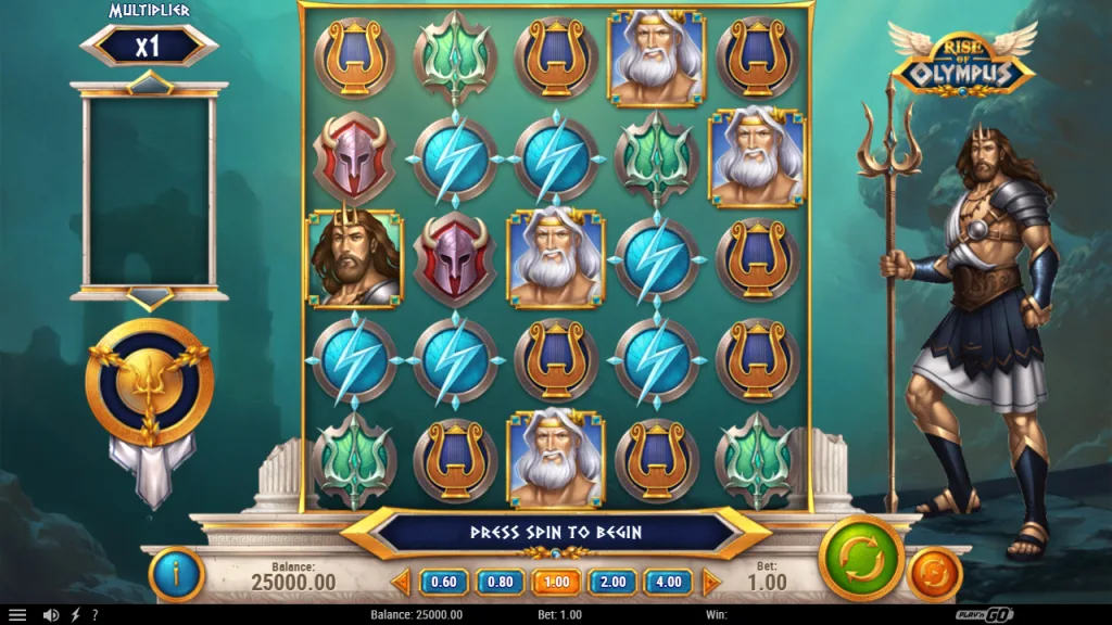 Rise of Olympus 5x5 grid base game with multiplier and charge meter