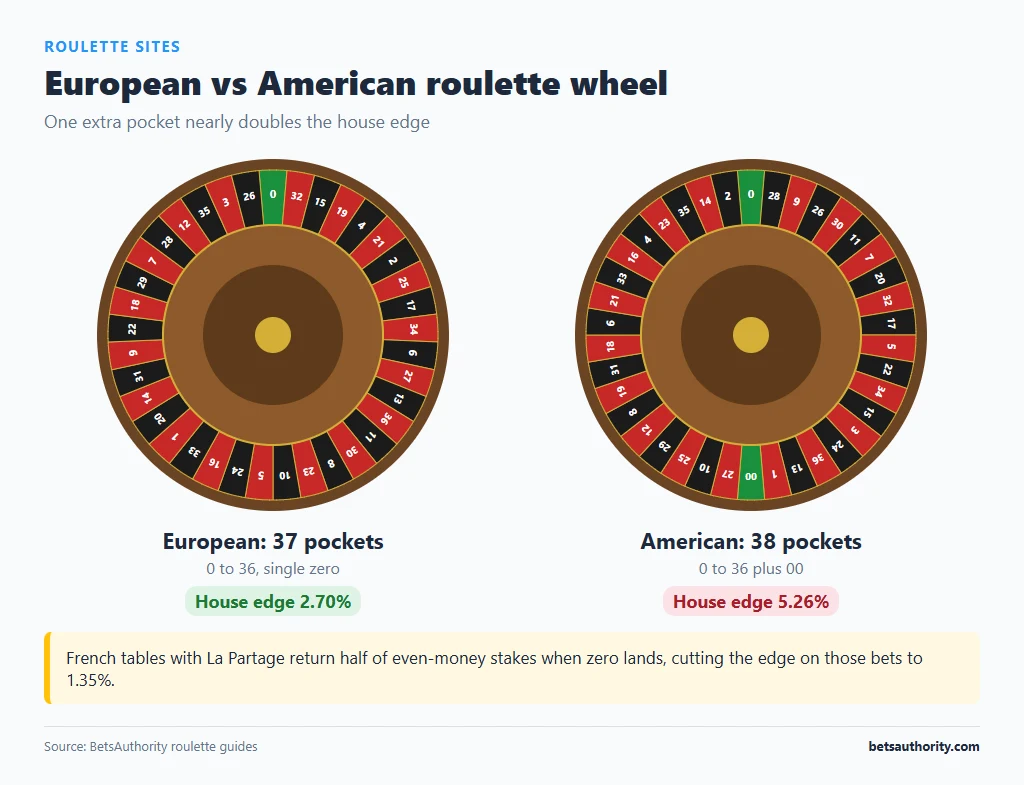 Side-by-side European roulette wheel with 37 pockets and a single zero (2.70% house edge) and American wheel with 38 pockets including 0 and 00 (5.26%)