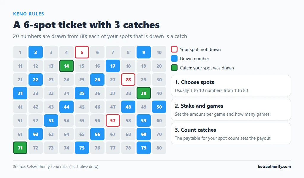 80-number keno ticket with 6 spots marked and 20 drawn numbers highlighted, showing 3 catches
