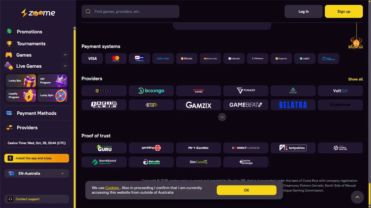 Bottom of the Zoome Casino home page with payment and provider logos, the footer naming operator Novatrix SRL and its Tobique Gaming Commission licence, and a cookie notice asking visitors to confirm they are outside Australia, 29 October 2026