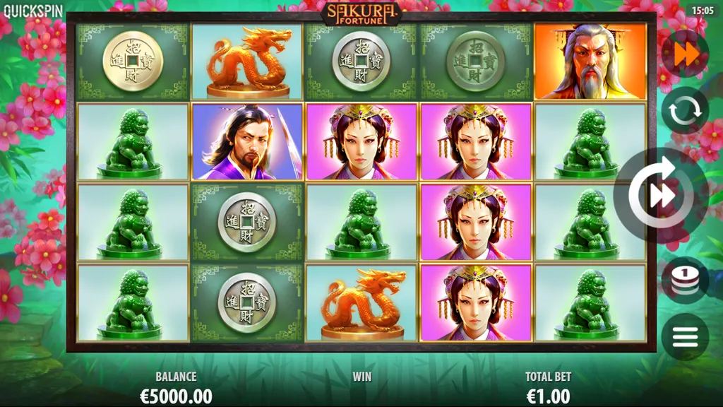 Sakura Fortune 5x4 reels with 40 bet lines in the base game