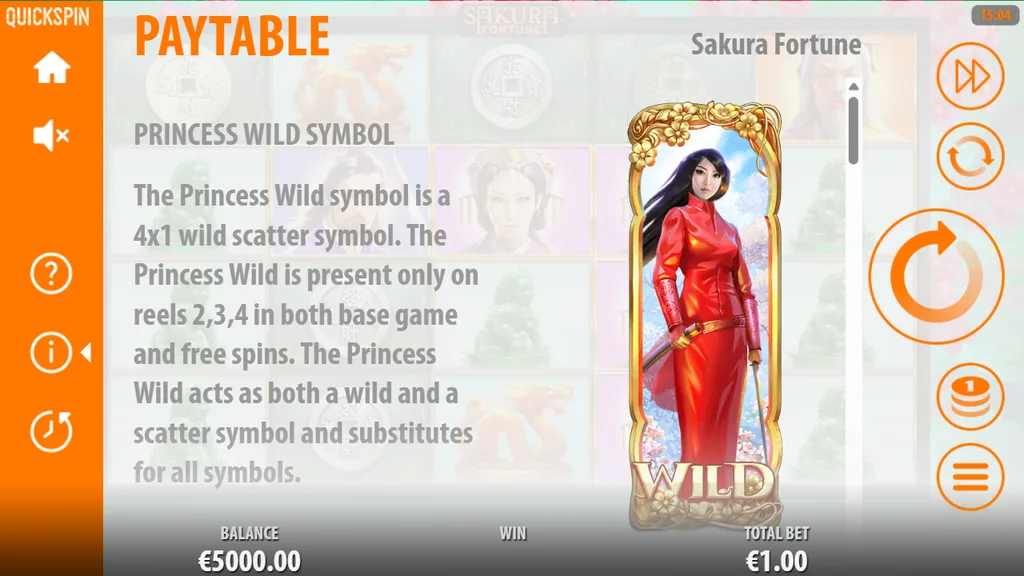 Sakura Fortune paytable explaining the 4x1 Princess Wild symbol