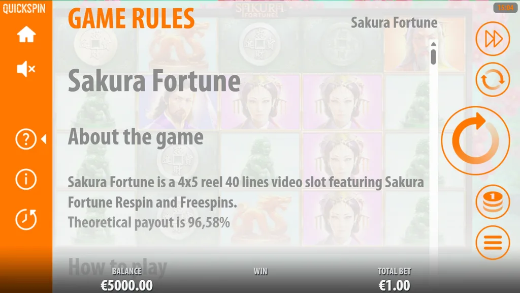 Sakura Fortune game rules showing 96.58% theoretical payout