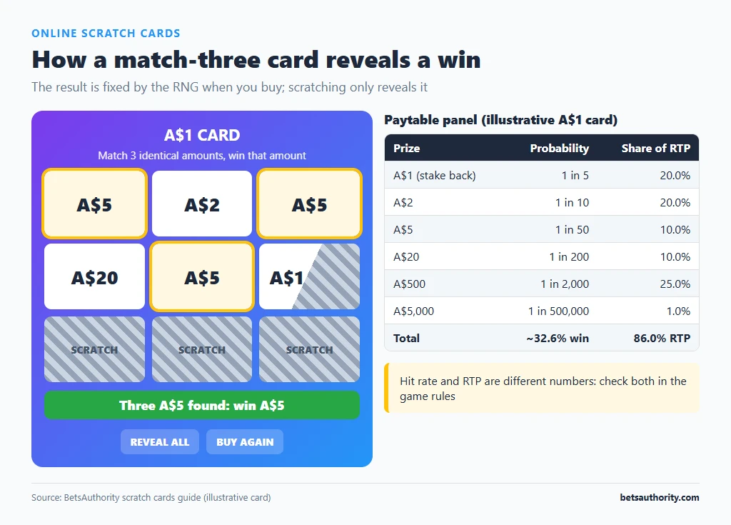 Example A$1 online scratch card with a 3x3 grid partly scratched, three A$5 amounts matched, and an illustrative paytable with an 86.0% RTP