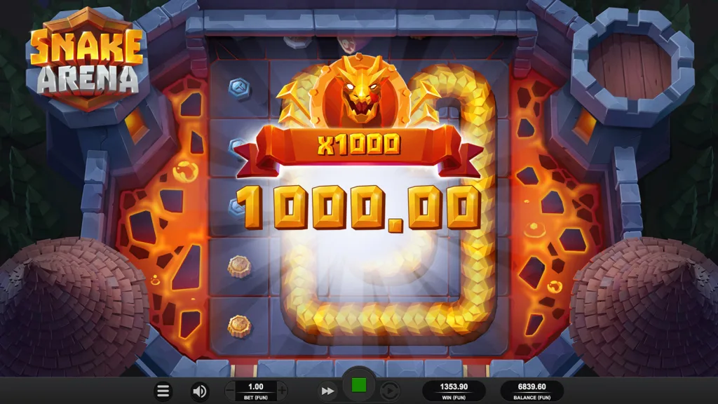 Snake Arena official screenshot by Relax Gaming showing a golden snake and an x1000 win banner
