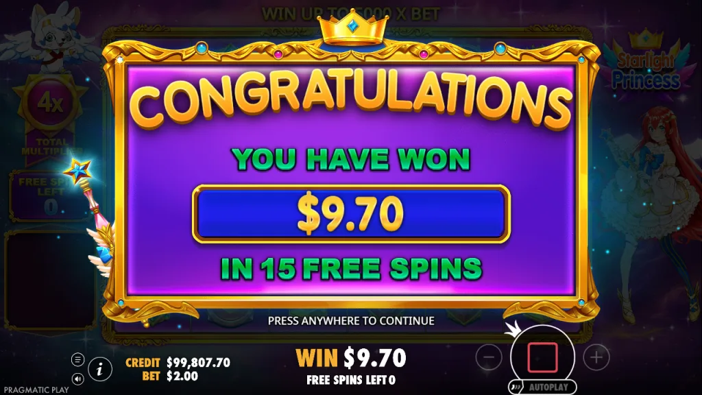 Starlight Princess free spins total win screen