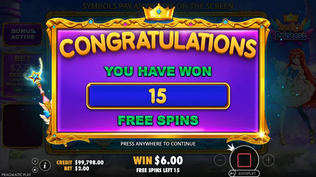 Starlight Princess 15 free spins awarded screen