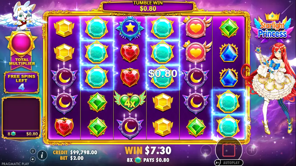 Starlight Princess free spins win with a 4x multiplier symbol